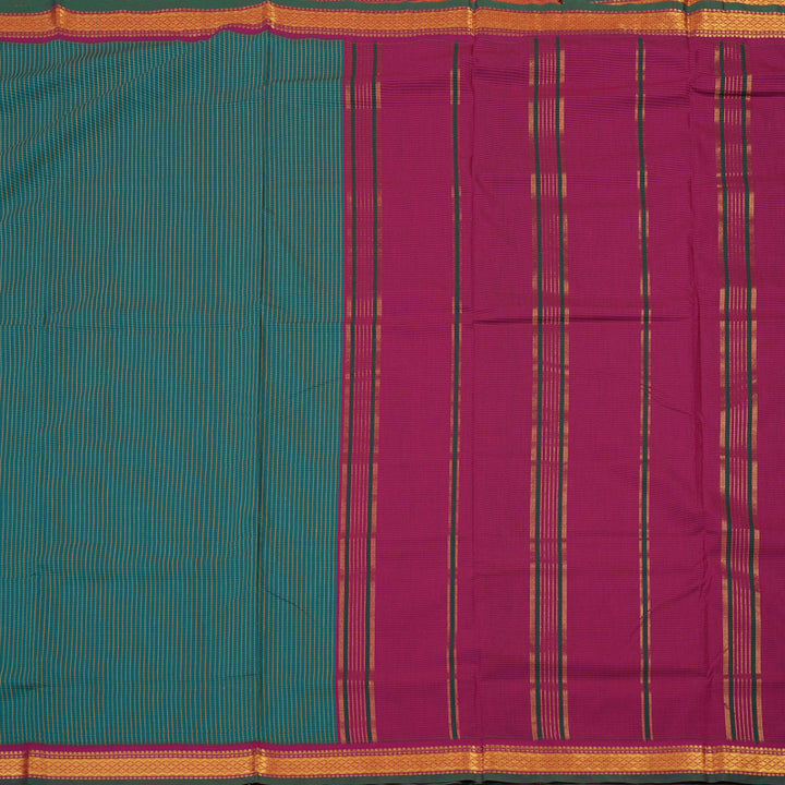 Hayagrivas Peacock Green Semi-Silk Ten Yards Saree with Deep Pink Border KBE817H5-1