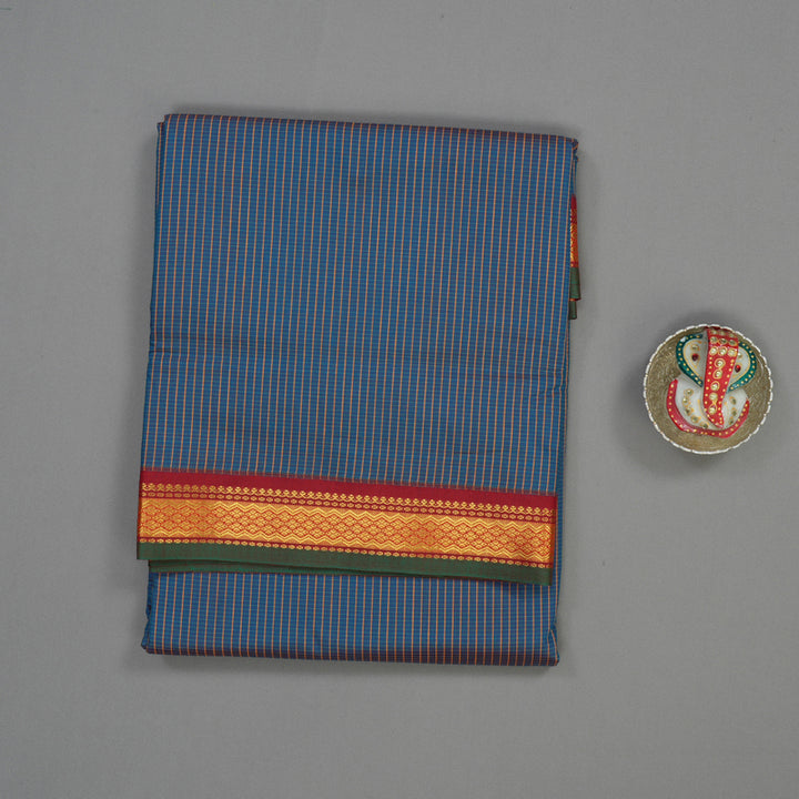 Hayagrivas Blue with Thread Checks Kanjivaram Ten Yards Semi-Silk Saree with Maroon Border KBE817H5-3