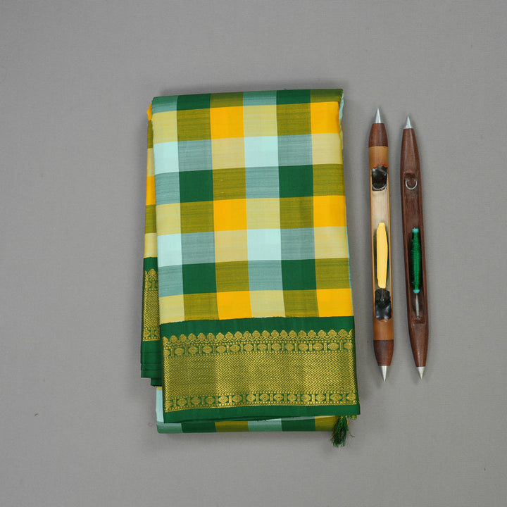 Hayagrivas Handloom Multicolour Checks Kanjivaram Silk Saree with Dark Green Border KBE836H6-1