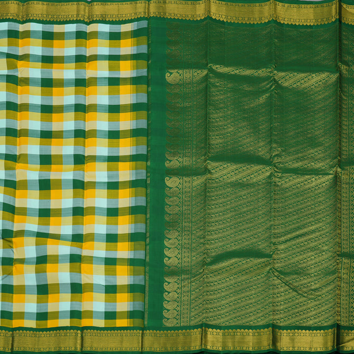 Hayagrivas Handloom Multicolour Checks Kanjivaram Silk Saree with Dark Green Border KBE836H6-1