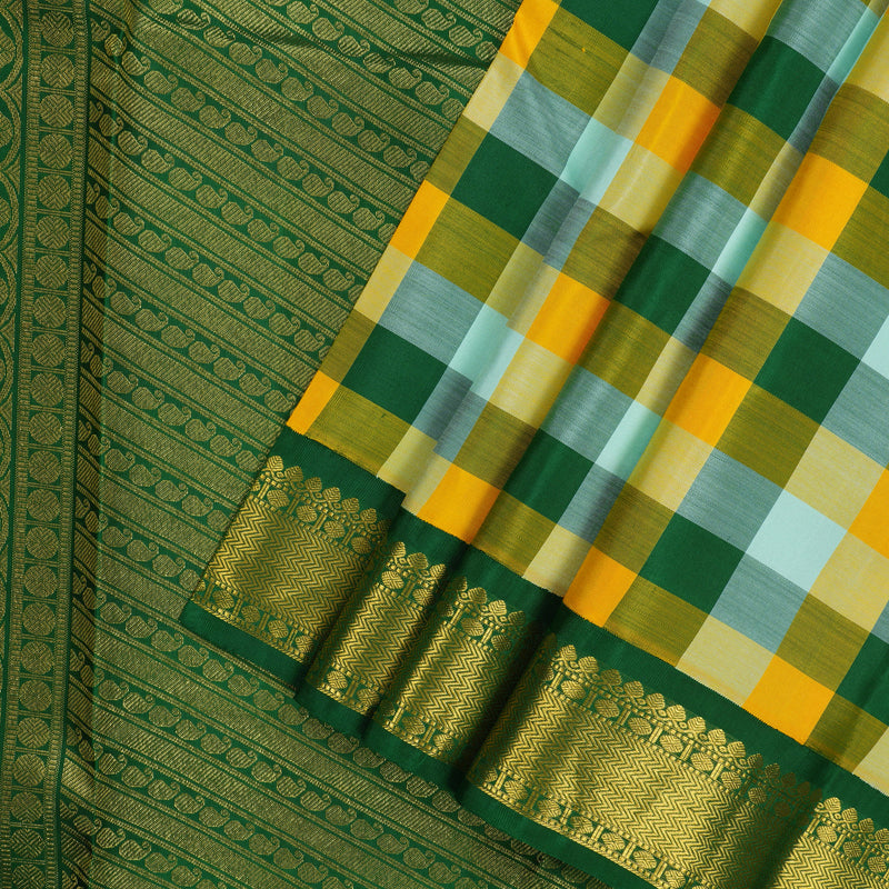 Hayagrivas Handloom Multicolour Checks Kanjivaram Silk Saree with Dark Green Border KBE836H6-1