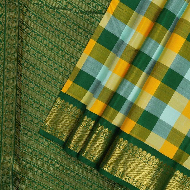 Hayagrivas Handloom Multicolour Checks Kanjivaram Silk Saree with Dark Green Border KBE836H6-1