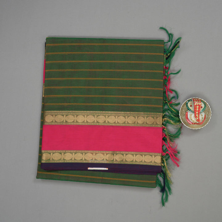 Hayagrivas Dual Toned Green Pure Silk Cotton Saree with Pink Border KBE839H1-4