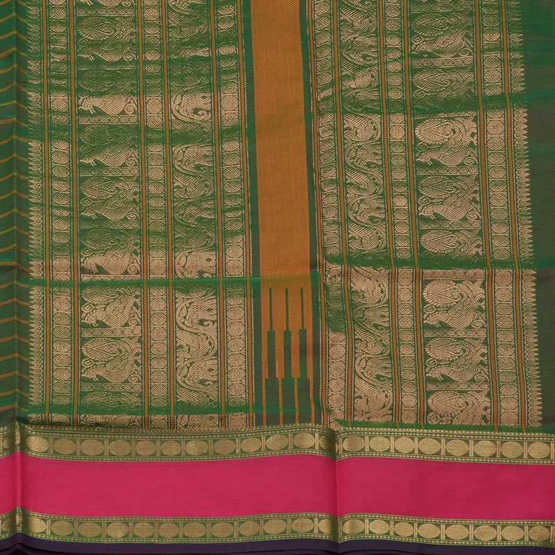 Hayagrivas Dual Toned Green Pure Silk Cotton Saree with Pink Border KBE839H1-4