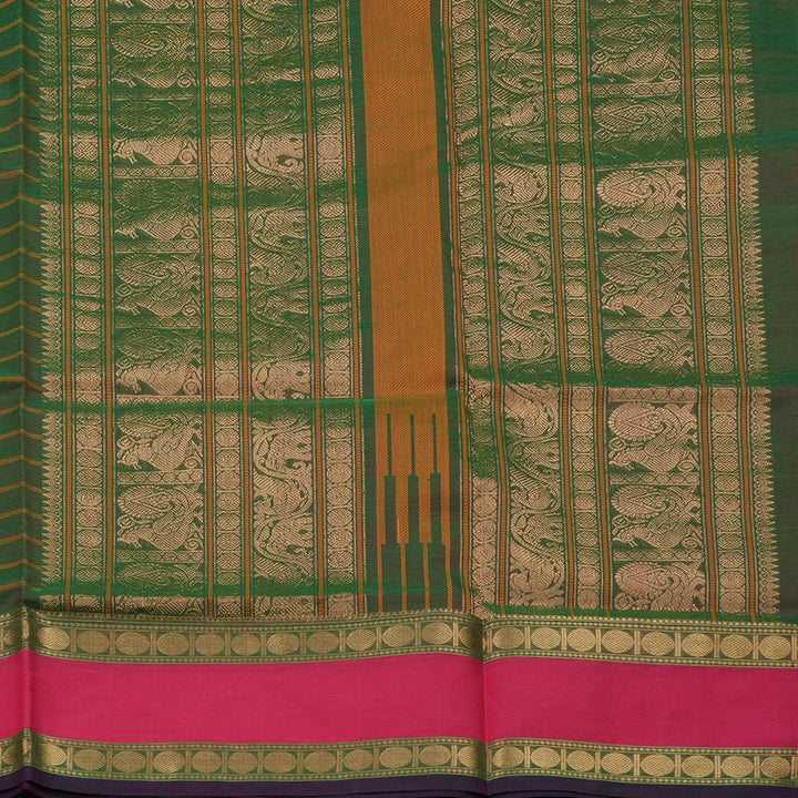 Hayagrivas Dual Toned Green Pure Silk Cotton Saree with Pink Border KBE839H1-4