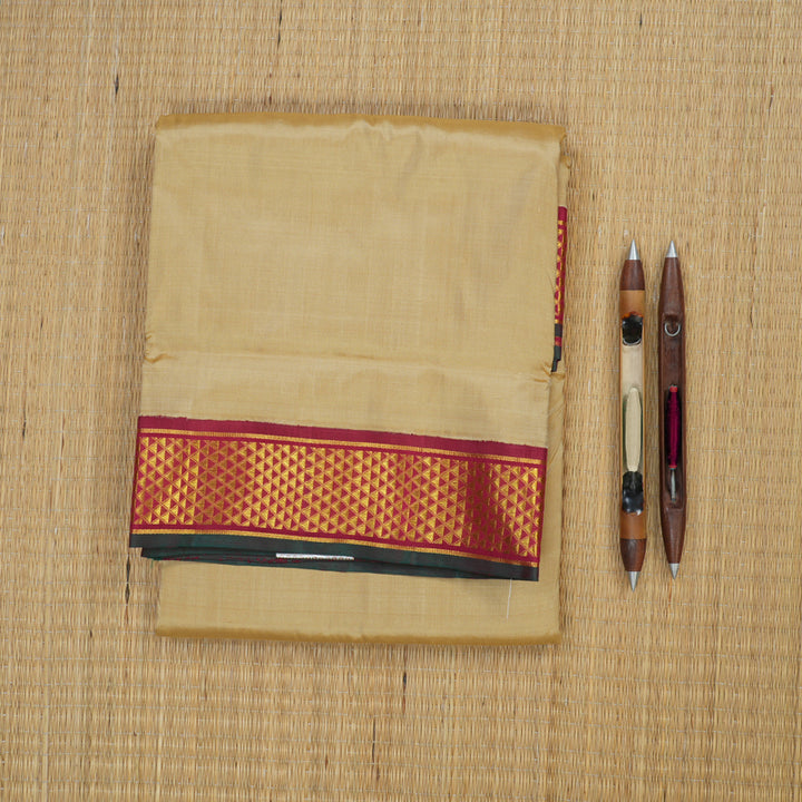 Hayagrivas Handloom Sandal Beige Kanjivaram Silk Saree with Maroon Border KBE845H13-2