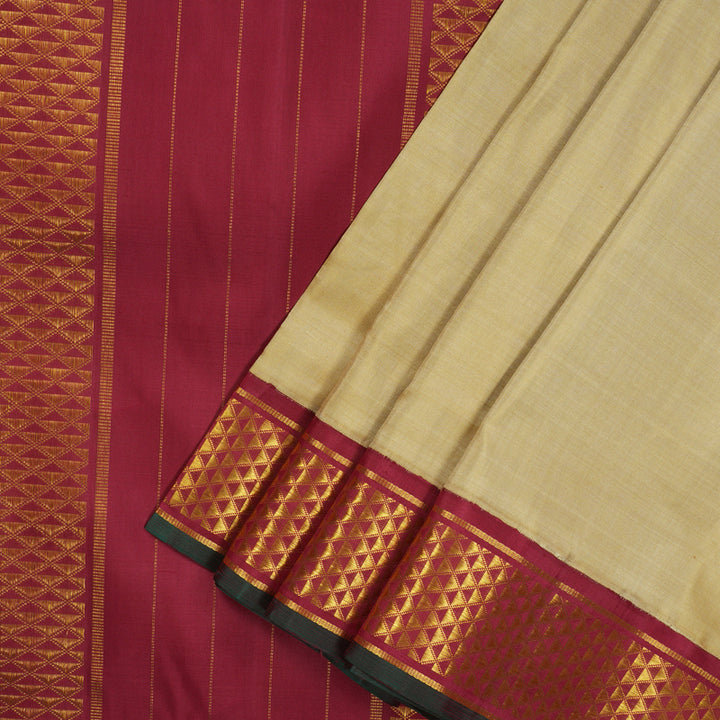 Hayagrivas Handloom Sandal Beige Kanjivaram Silk Saree with Maroon Border KBE845H13-2