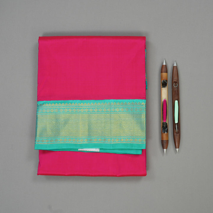 Hayagrivas Handloom Rani Pink Kanjivaram Ten Yards Silk Saree with Teal Border KBE845H14-1