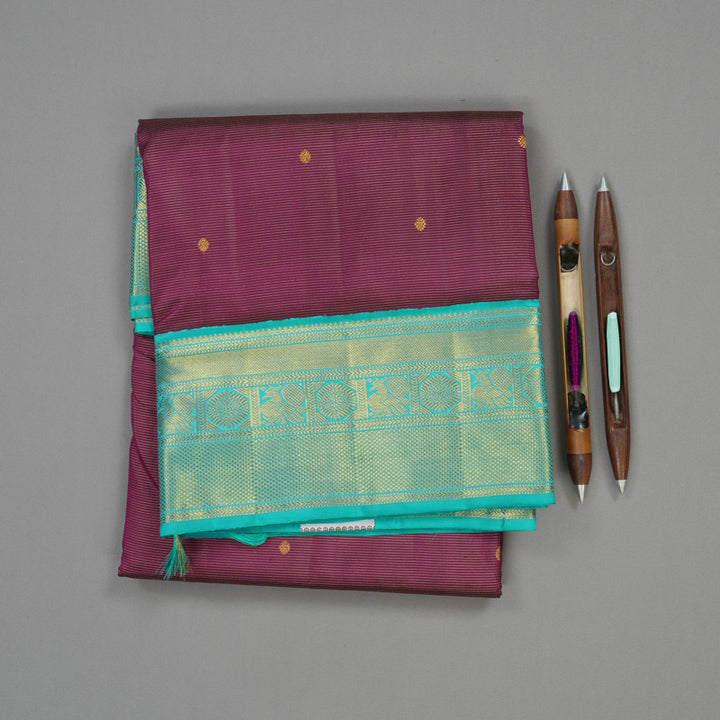 Hayagrivas Handloom Violet Kanjivaram Ten Yards Silk Saree with Teal Border KBE845H15-1