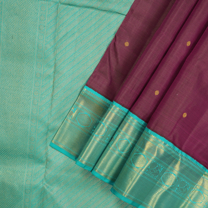 Hayagrivas Handloom Violet Kanjivaram Ten Yards Silk Saree with Teal Border KBE845H15-1