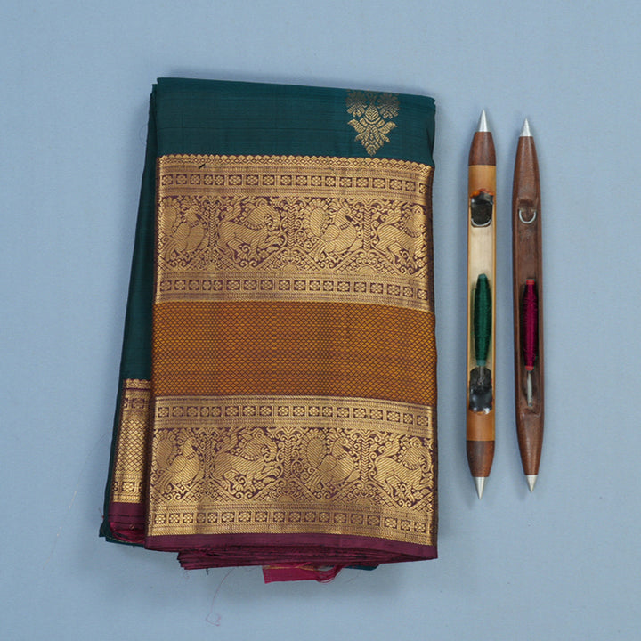 Hayagrivas Handloom Peacock Green Kanjivaram Silk Saree with Burgundy Border KBE846H2-4
