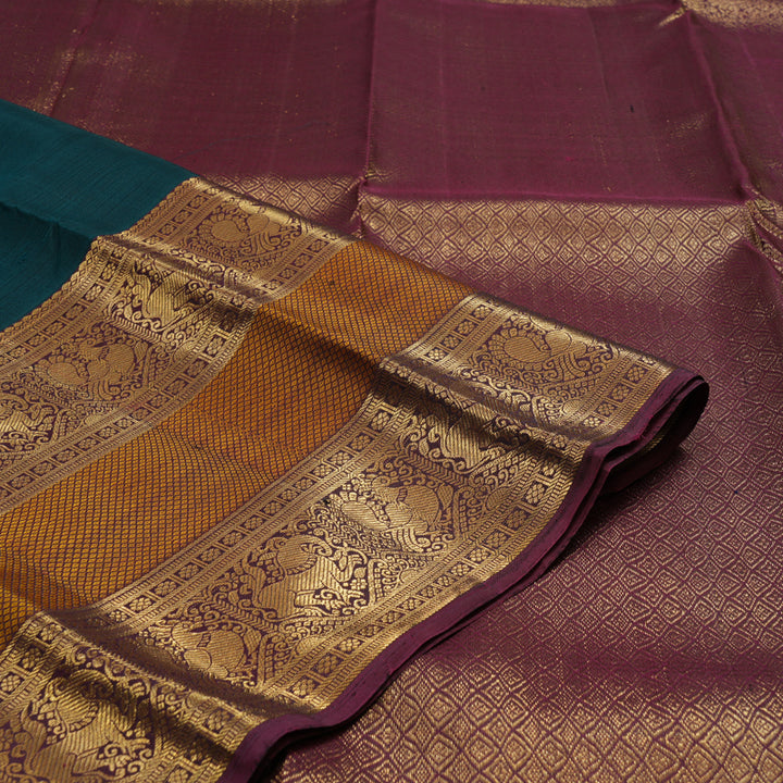 Hayagrivas Handloom Peacock Green Kanjivaram Silk Saree with Burgundy Border KBE846H2-4