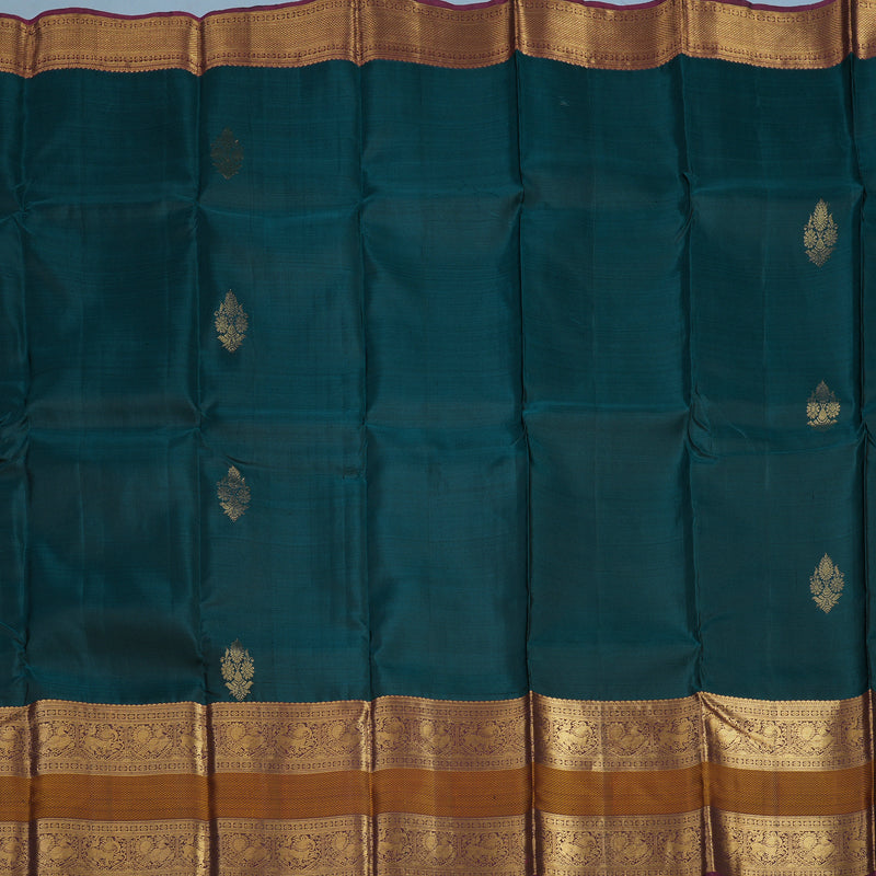 Hayagrivas Handloom Peacock Green Kanjivaram Silk Saree with Burgundy Border KBE846H2-4