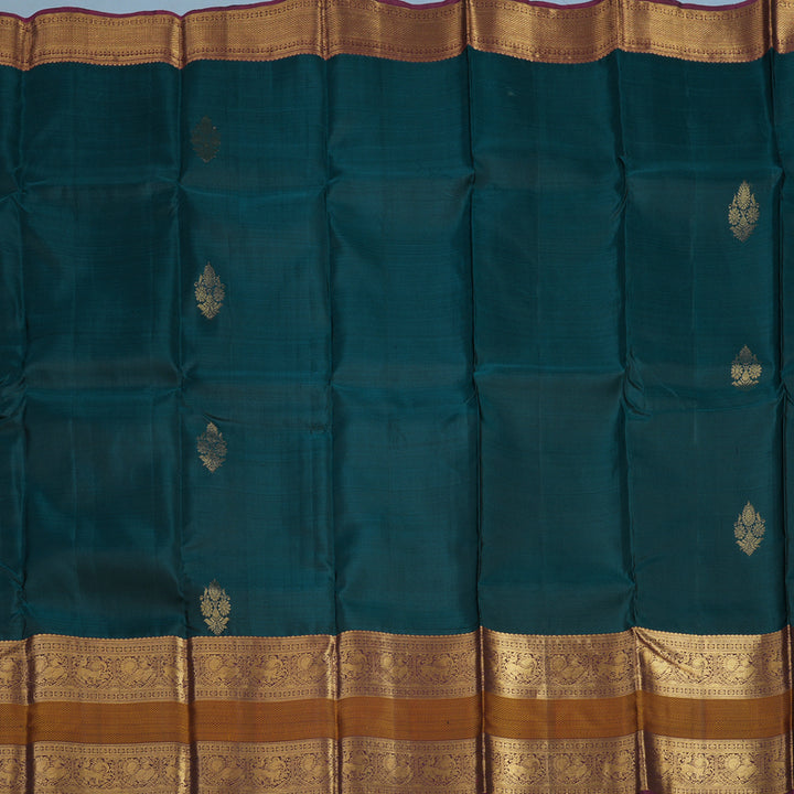 Hayagrivas Handloom Peacock Green Kanjivaram Silk Saree with Burgundy Border KBE846H2-4