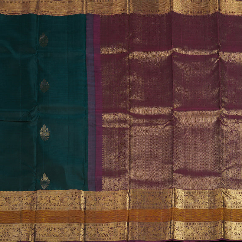 Hayagrivas Handloom Peacock Green Kanjivaram Silk Saree with Burgundy Border KBE846H2-4