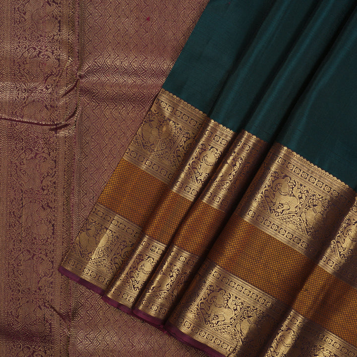 Hayagrivas Handloom Peacock Green Kanjivaram Silk Saree with Burgundy Border KBE846H2-4