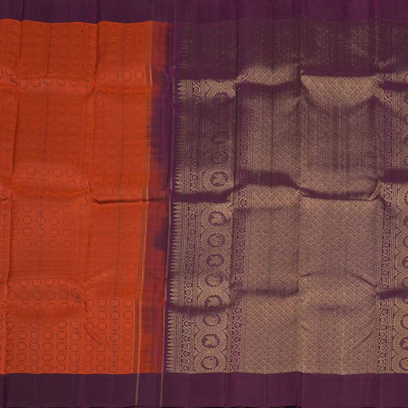 Hayagrivas Handloom Brick Orange Kanjivaram Silk Saree with Wine Purple Border KBE846H8-1
