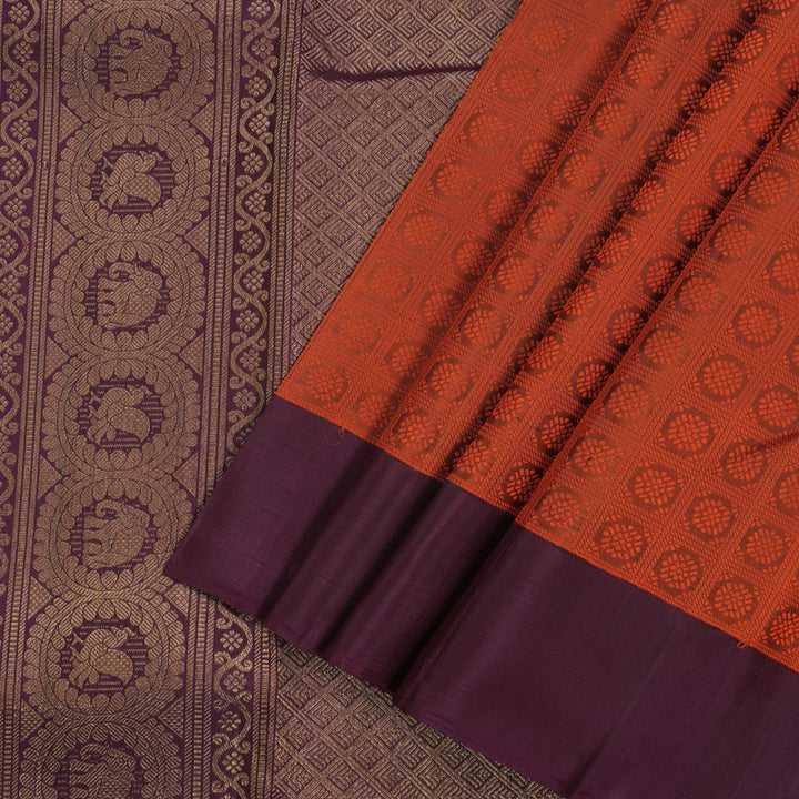 Hayagrivas Handloom Brick Orange Kanjivaram Silk Saree with Wine Purple Border KBE846H8-1