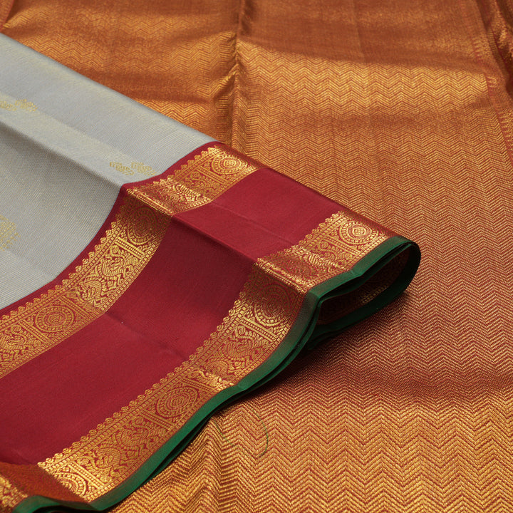 Hayagrivas Handloom Silver Grey Kanjivaram Silk Saree with Maroon Border KBE852H15-2