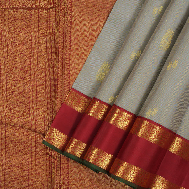 Hayagrivas Handloom Silver Grey Kanjivaram Silk Saree with Maroon Border KBE852H15-2