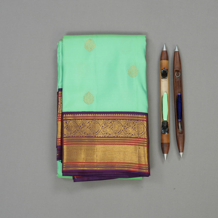 Hayagrivas Handloom Mint Green Kanjivaram Silk Saree with Wine Purple Border KBE853H6-17