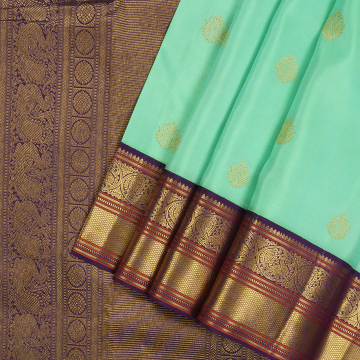 Hayagrivas Handloom Mint Green Kanjivaram Silk Saree with Wine Purple Border KBE853H6-17