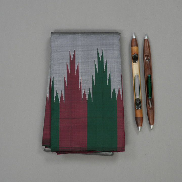 Hayagrivas Handloom Grey Kanjivaram Silk Saree with Maroon & Bottle Green Border KBE854H2-1