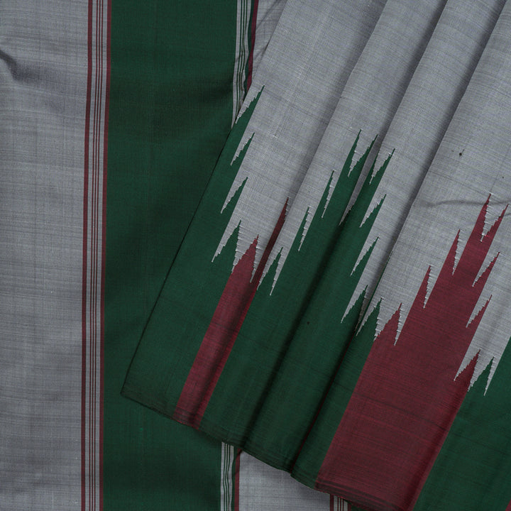 Hayagrivas Handloom Grey Kanjivaram Silk Saree with Maroon & Bottle Green Border KBE854H2-1