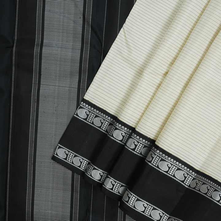 Hayagrivas Handloom Half-White Kanjivaram Silk Saree with Black Border KBE854H4-1