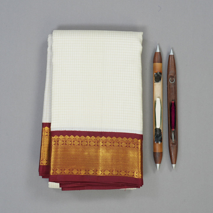 Hayagrivas Handloom Half-White Kanjivaram Silk Saree with Maroon Border KBE856H3-6