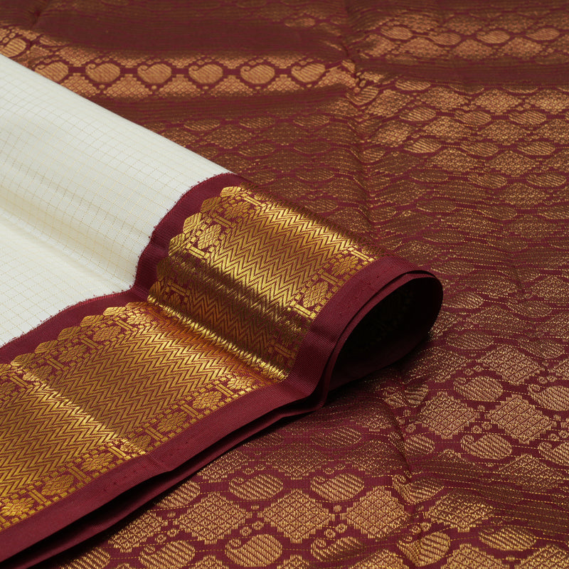 Hayagrivas Handloom Half-White Kanjivaram Silk Saree with Maroon Border KBE856H3-6