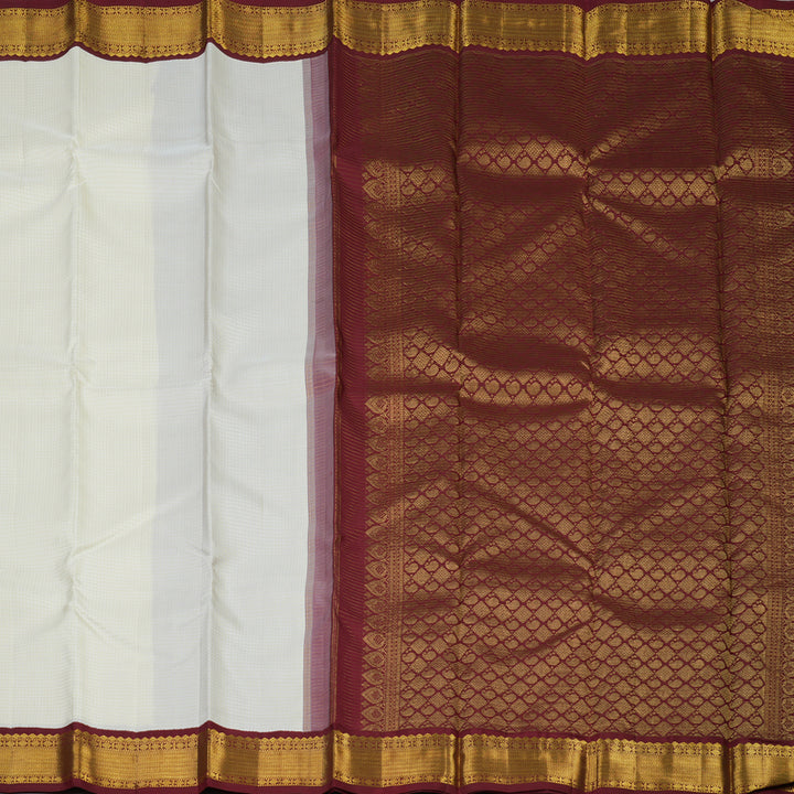 Hayagrivas Handloom Half-White Kanjivaram Silk Saree with Maroon Border KBE856H3-6