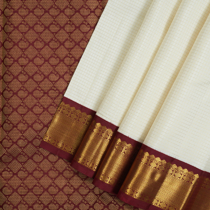 Hayagrivas Handloom Half-White Kanjivaram Silk Saree with Maroon Border KBE856H3-6