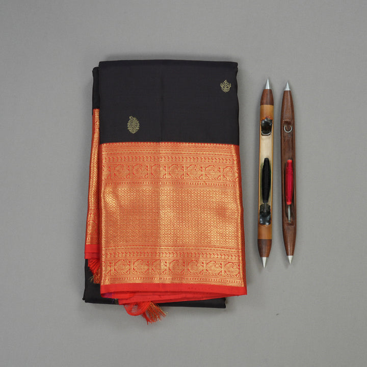 Hayagrivas Handloom Black Kanjivaram Silk Saree with Red Border KBE858H1-1