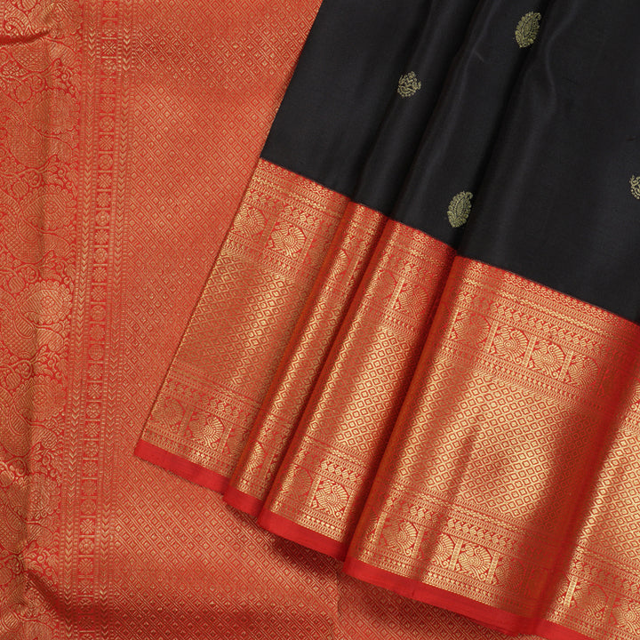 Hayagrivas Handloom Black Kanjivaram Silk Saree with Red Border KBE858H1-1