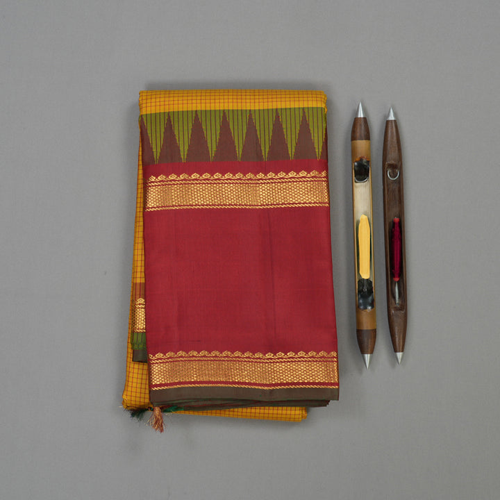 Hayagrivas Handloom Tumeric Yellow Kanjivaram Silk Saree with Maroon Border KBE866H14-4