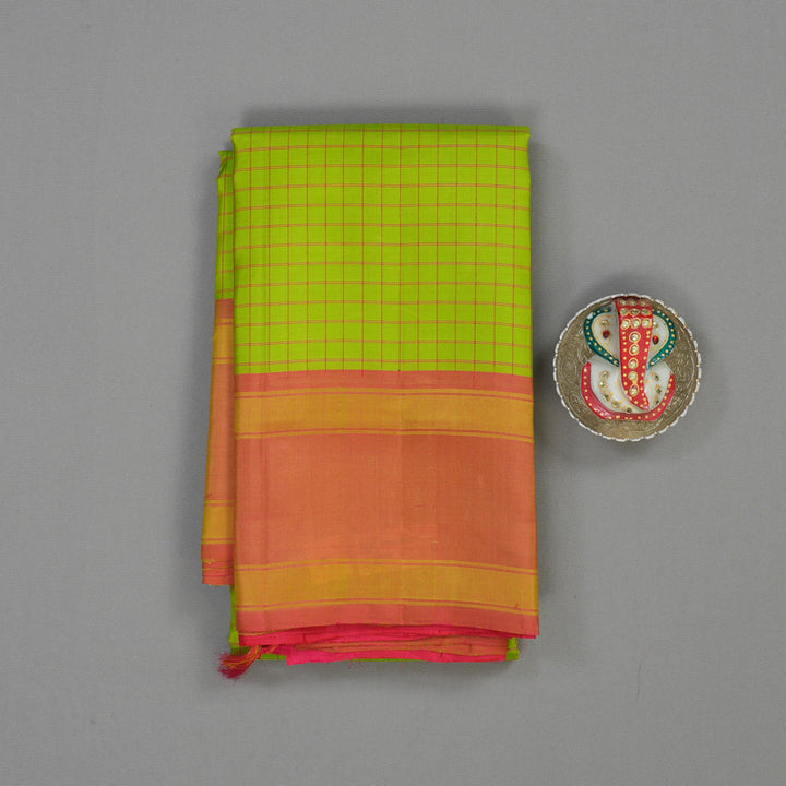 Hayagrivas Handloom Fluorescent Green Kanjivaram Silk Saree with Onion Pink Border KBE866H4-5