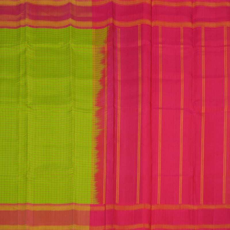 Hayagrivas Handloom Fluorescent Green Kanjivaram Silk Saree with Onion Pink Border KBE866H4-5