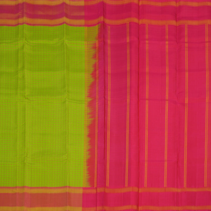 Hayagrivas Handloom Fluorescent Green Kanjivaram Silk Saree with Onion Pink Border KBE866H4-5