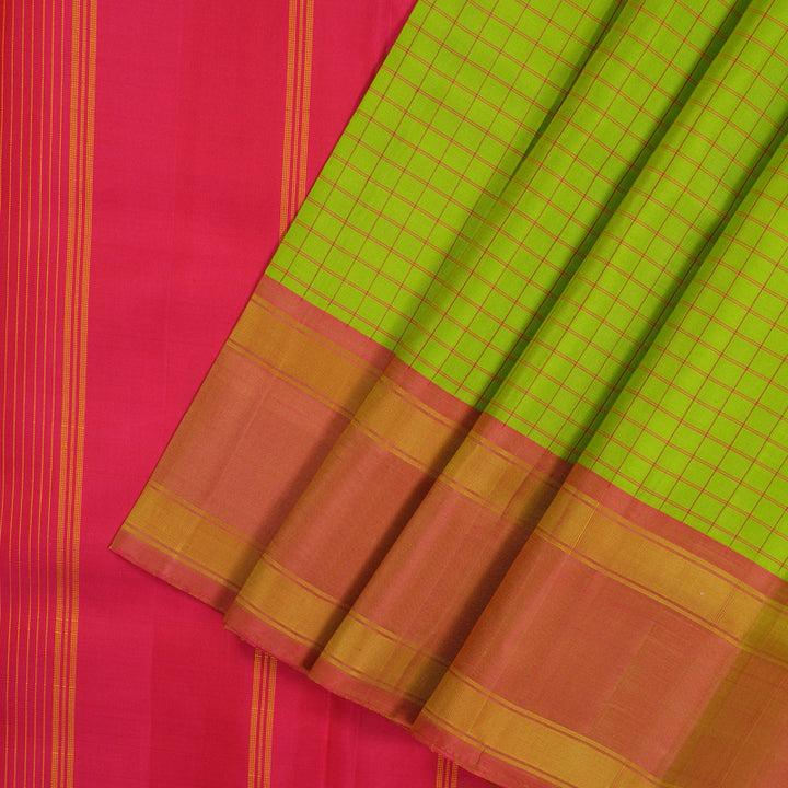 Hayagrivas Handloom Fluorescent Green Kanjivaram Silk Saree with Onion Pink Border KBE866H4-5
