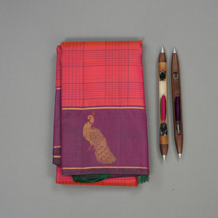 Hayagrivas Handloom Pinkish-Orange Kanjivaram Silk Saree with Wine Purple Border KBE876H2-1