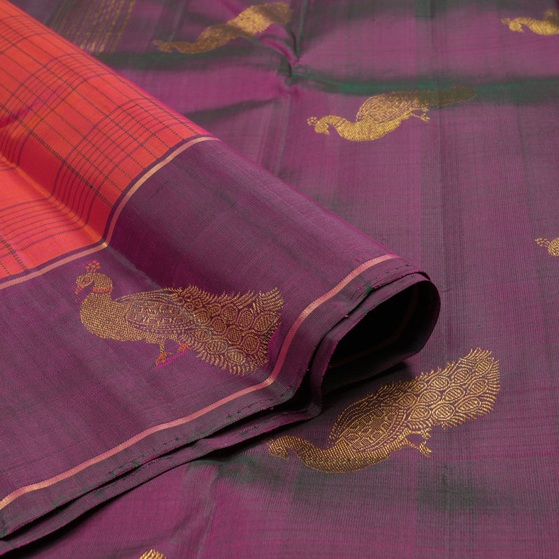 Hayagrivas Handloom Pinkish-Orange Kanjivaram Silk Saree with Wine Purple Border KBE876H2-1