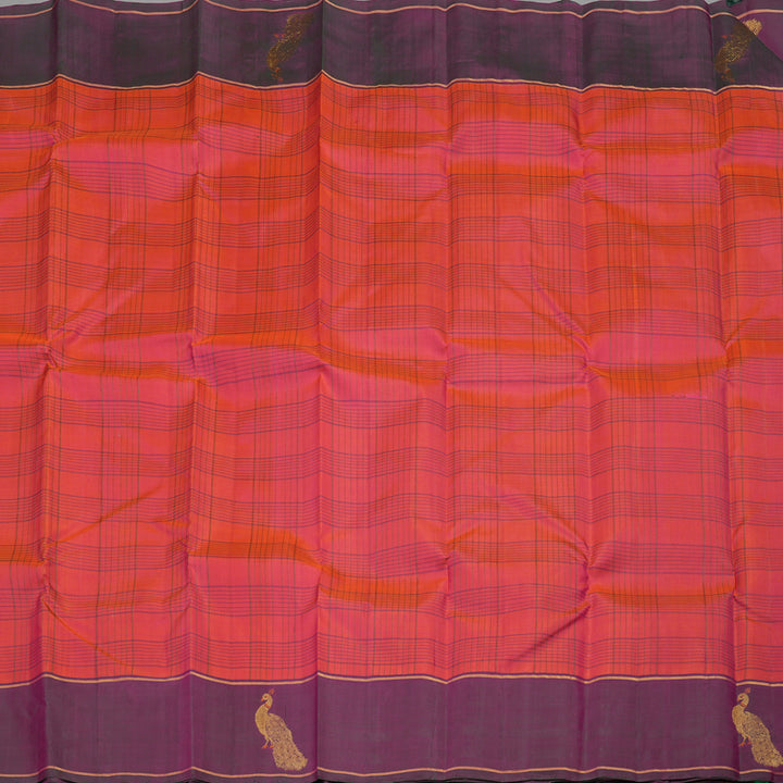 Hayagrivas Handloom Pinkish-Orange Kanjivaram Silk Saree with Wine Purple Border KBE876H2-1