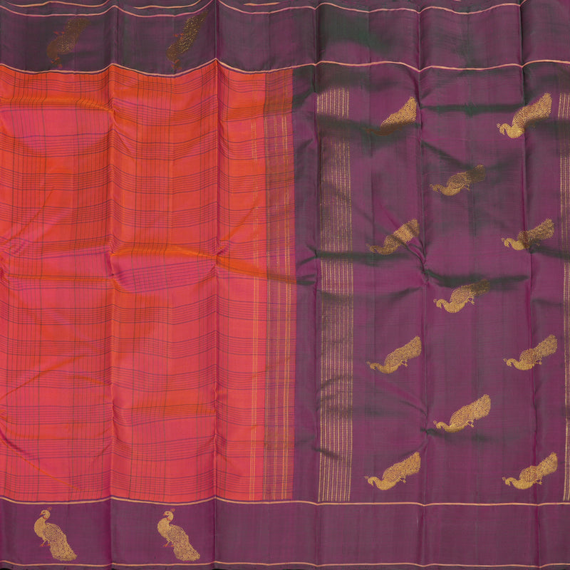 Hayagrivas Handloom Pinkish-Orange Kanjivaram Silk Saree with Wine Purple Border KBE876H2-1