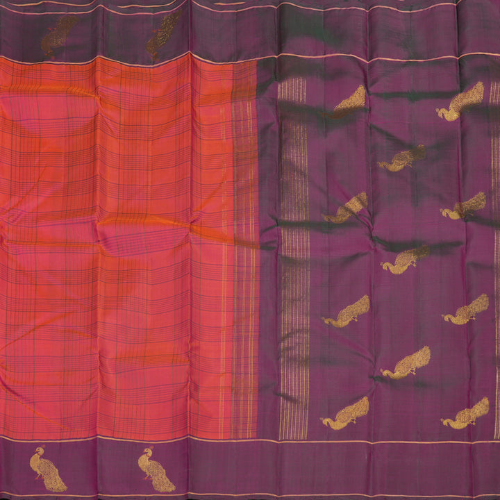 Hayagrivas Handloom Pinkish-Orange Kanjivaram Silk Saree with Wine Purple Border KBE876H2-1