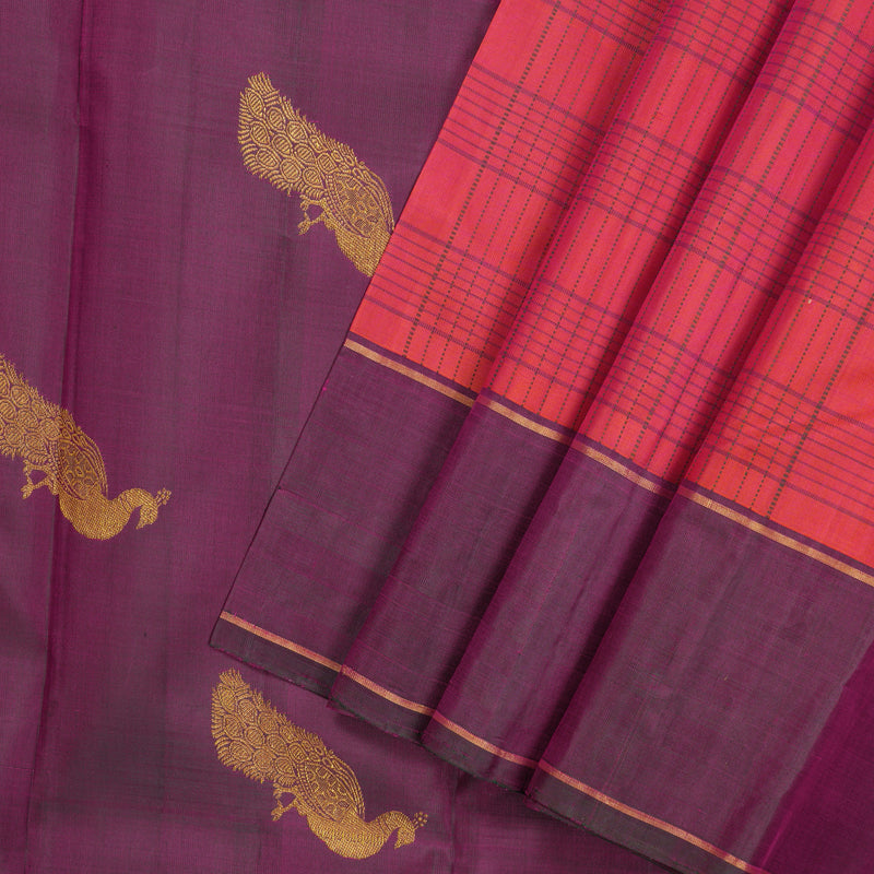Hayagrivas Handloom Pinkish-Orange Kanjivaram Silk Saree with Wine Purple Border KBE876H2-1