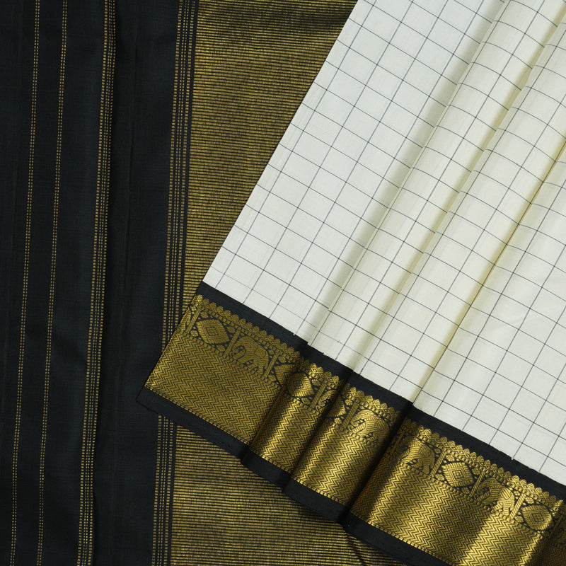 Hayagrivas Handloom Half White Kanjivaram Silk Saree with Black border KBE876H4-3