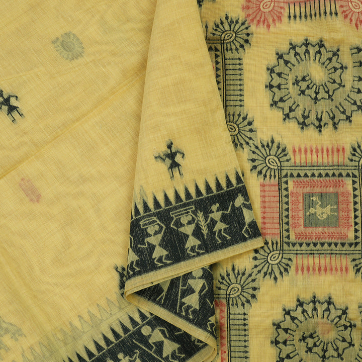 Hayagrivas Handloom Fancy Cotton Saree in Mesmerising Sandal Yellow KBE89D9-1