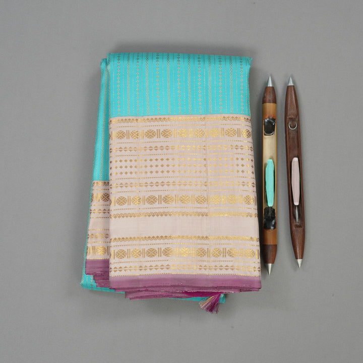 Hayagrivas Handloom Kanjivaram Silk Saree in Serene Sea Blue with Half White KBE911H3-1