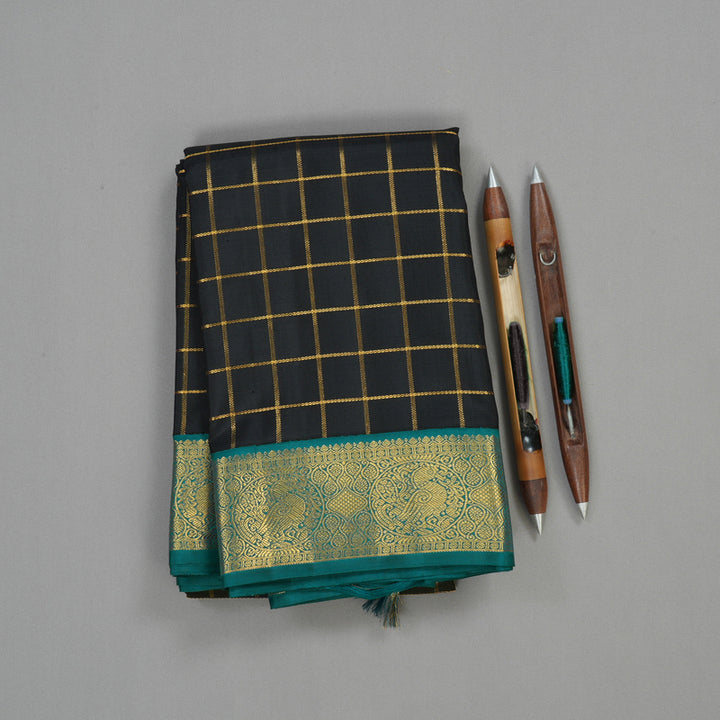 Hayagrivas Handloom Black Kanjivaram Silk Saree with Peacock Green Border KBE925H6-1